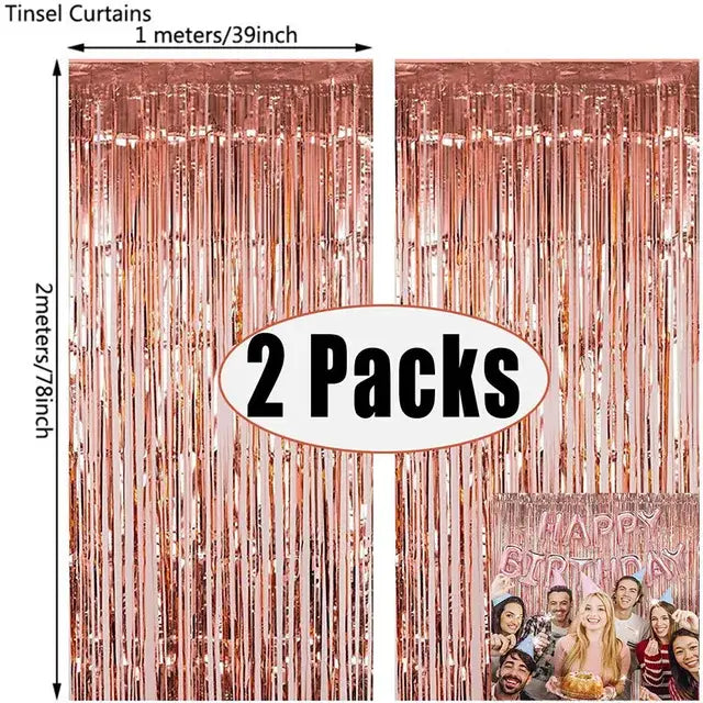 2Pack Rose Pink Metallic Foil Tinsel Fringe Curtain