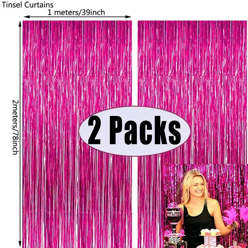 2Pack Rose Pink Metallic Foil Tinsel Fringe Curtain