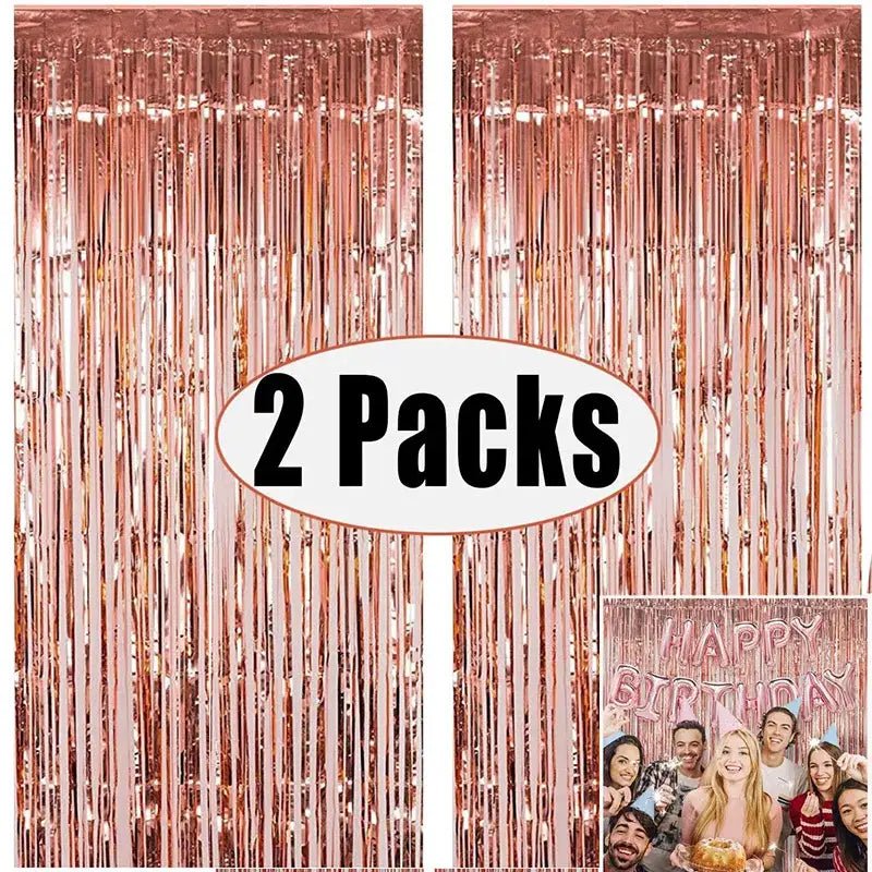 2Pack Rose Pink Metallic Foil Tinsel Fringe Curtain