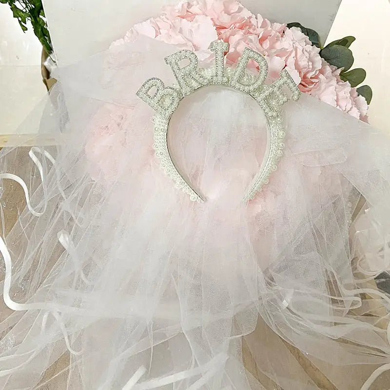 Bride to be Pearl crown tiara veil Bach Bachelorette Party
