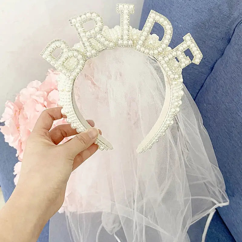 Bride to be Pearl crown tiara veil Bach Bachelorette Party