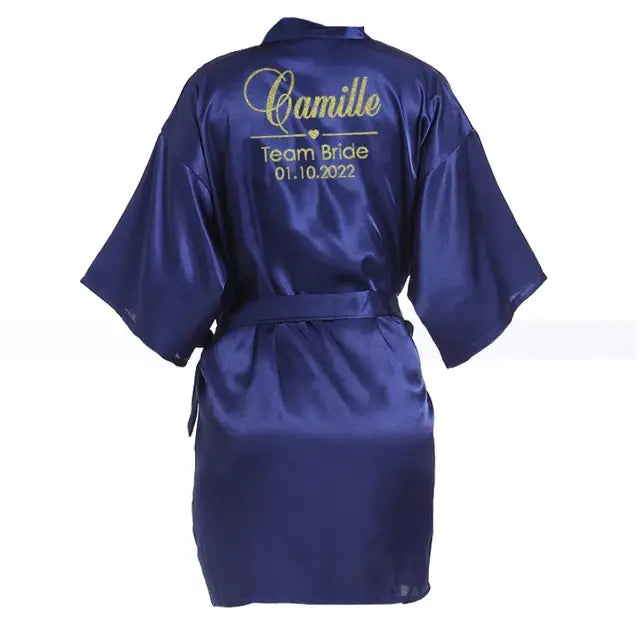 Customized Name Date Wedding Bathrobe Faux Silk Bridal Robe