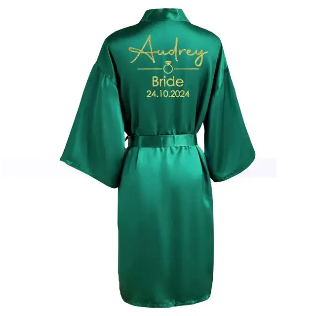 Customized Name Date Wedding Bathrobe Faux Silk Bridal Robe