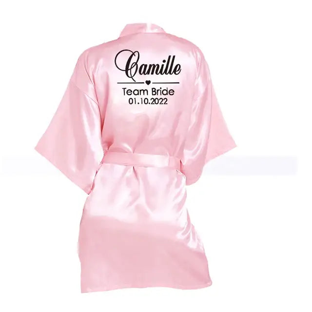 Customized Name Date Wedding Bathrobe Faux Silk Bridal Robe