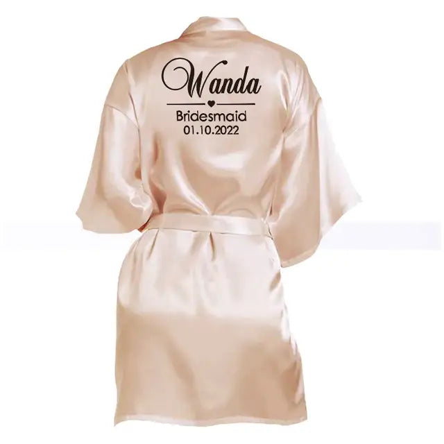 Customized Name Date Wedding Bathrobe Faux Silk Bridal Robe