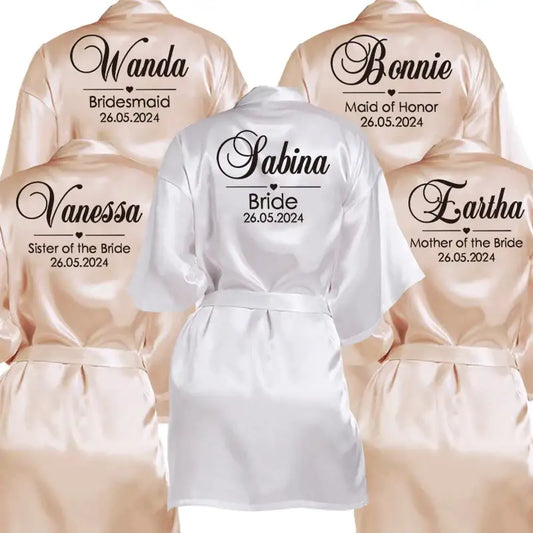 Customized Name Date Wedding Bathrobe Faux Silk Bridal Robe