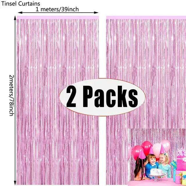 2Pack Rose Pink Metallic Foil Tinsel Fringe Curtain