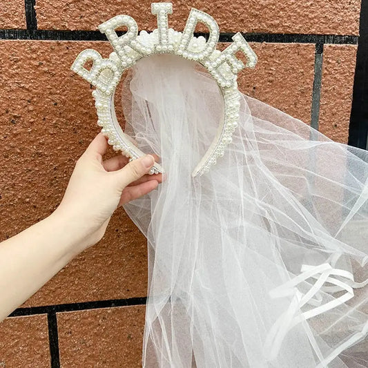 Bride to be Pearl crown tiara veil Bach Bachelorette Party