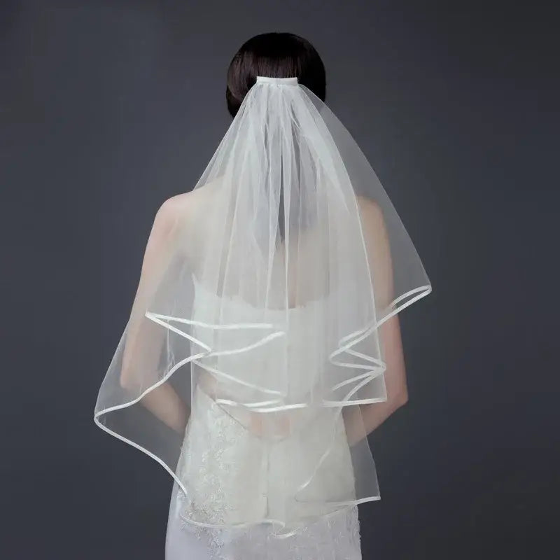 White Ivory Wedding Veil 2 Tiers Ribbon Edge Center Cascade